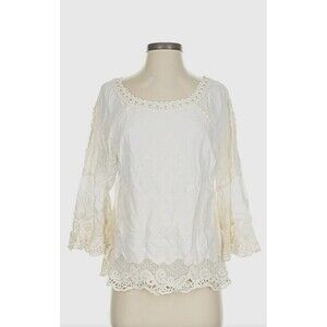 Democracy Womens Size M Cream Lace Boho Peasant Blouse Cold Shoulder Top 1147R4